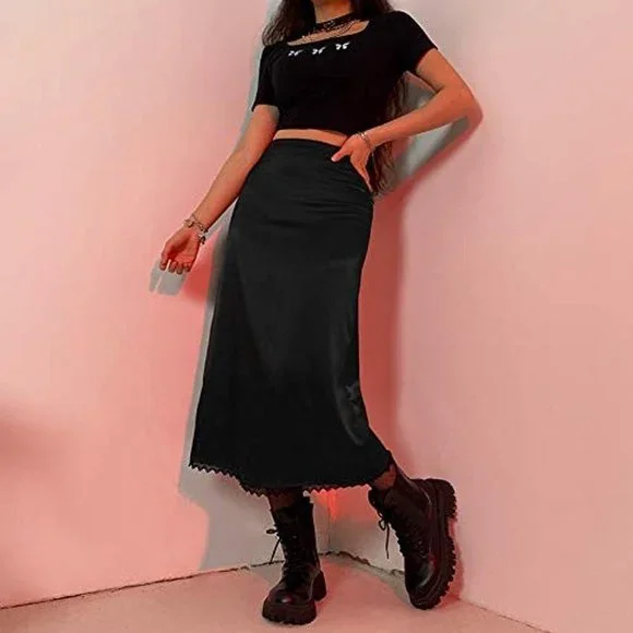 Grunge Cute Outfits With Black Skirts Skirts Black Satin Long Midi